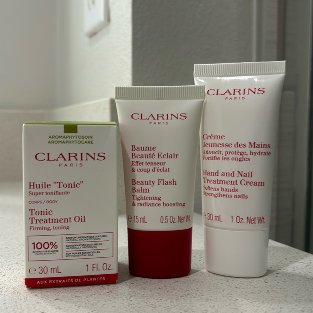 Clarins Tonic Treatment Oil & Beauty Flash Balm & Hand and Nail Treatment Cream